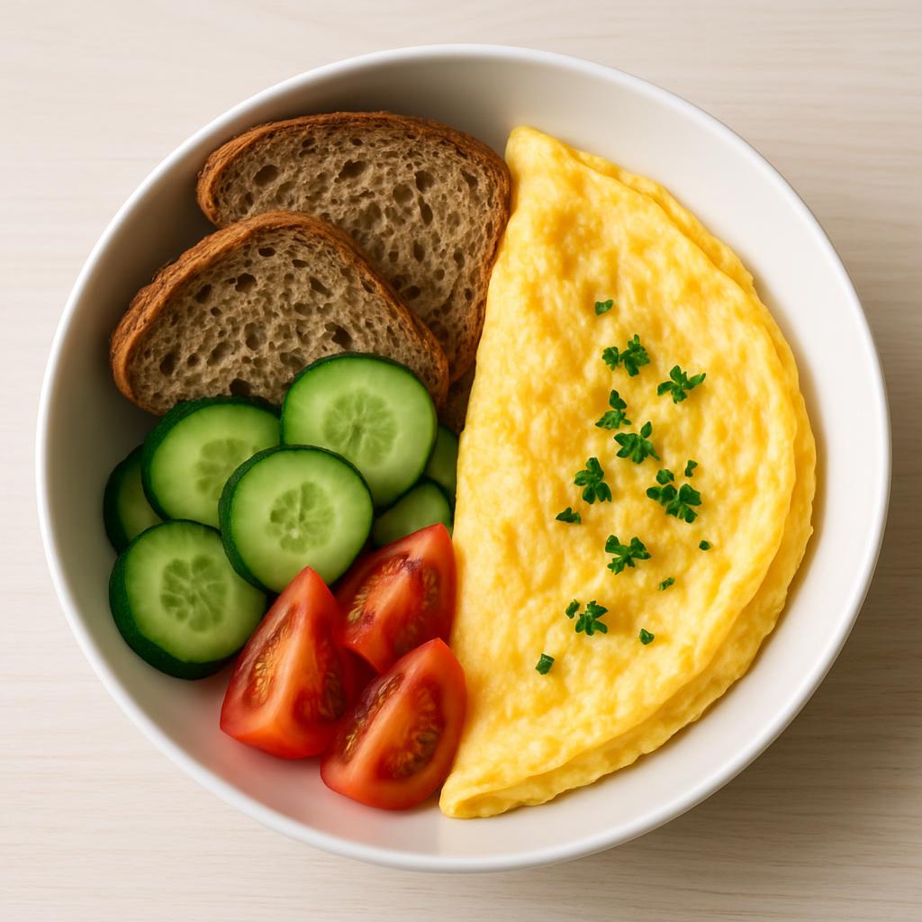 Peynirli omlet + söğüş domates-salatalık + tam tahıl ekmek