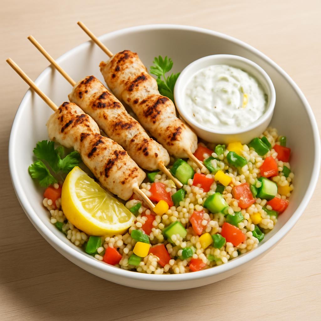 Izgara tavuk şiş + sebzeli bulgur + haydari