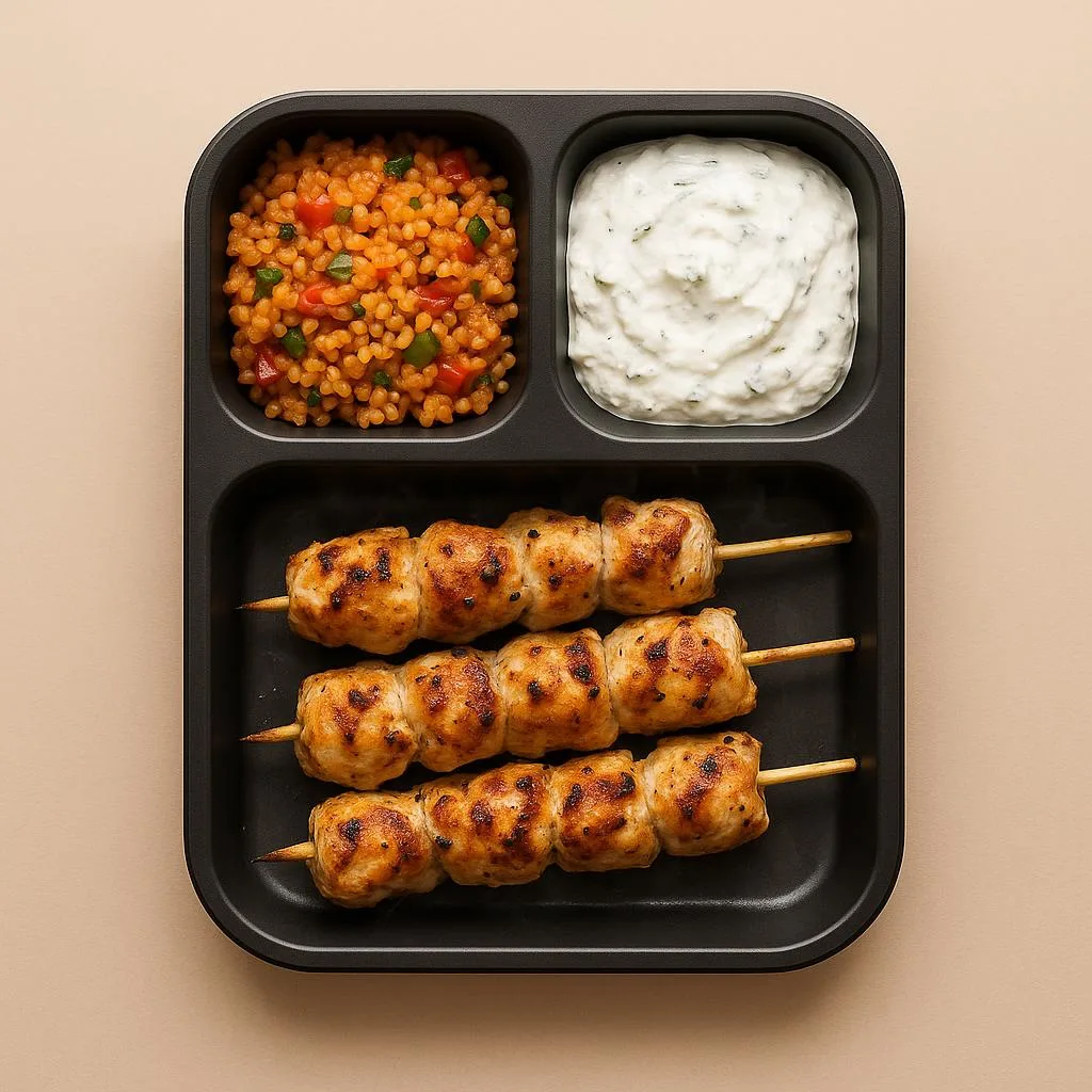 Izgara tavuk şiş + sebzeli bulgur + haydari