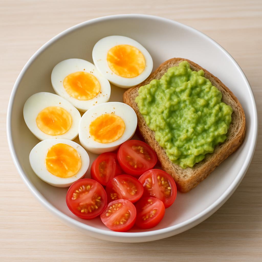 Haşlanmış yumurta + avokado ezmeli tam buğday tost + domates