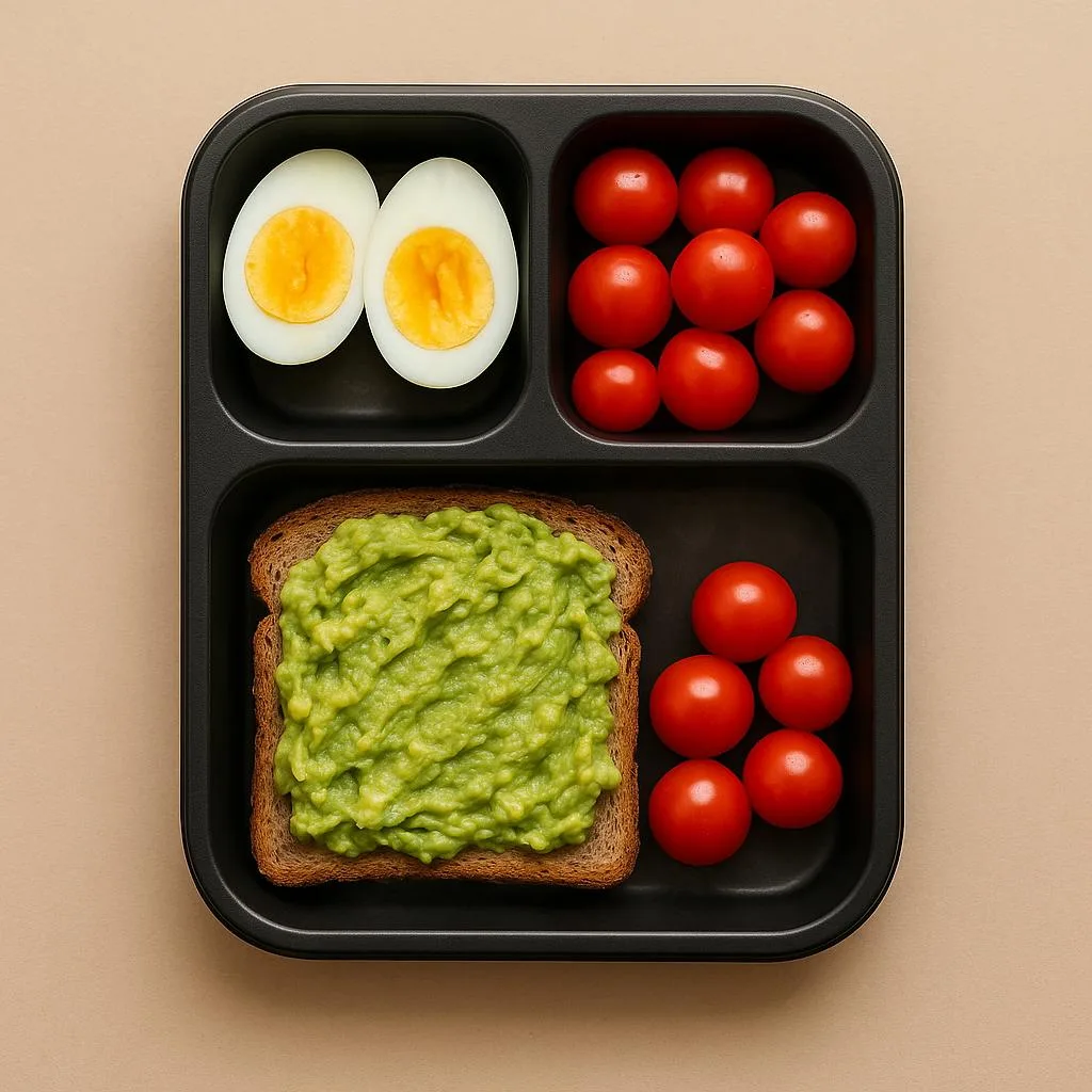 Haşlanmış yumurta + avokado ezmeli tam buğday tost + domates