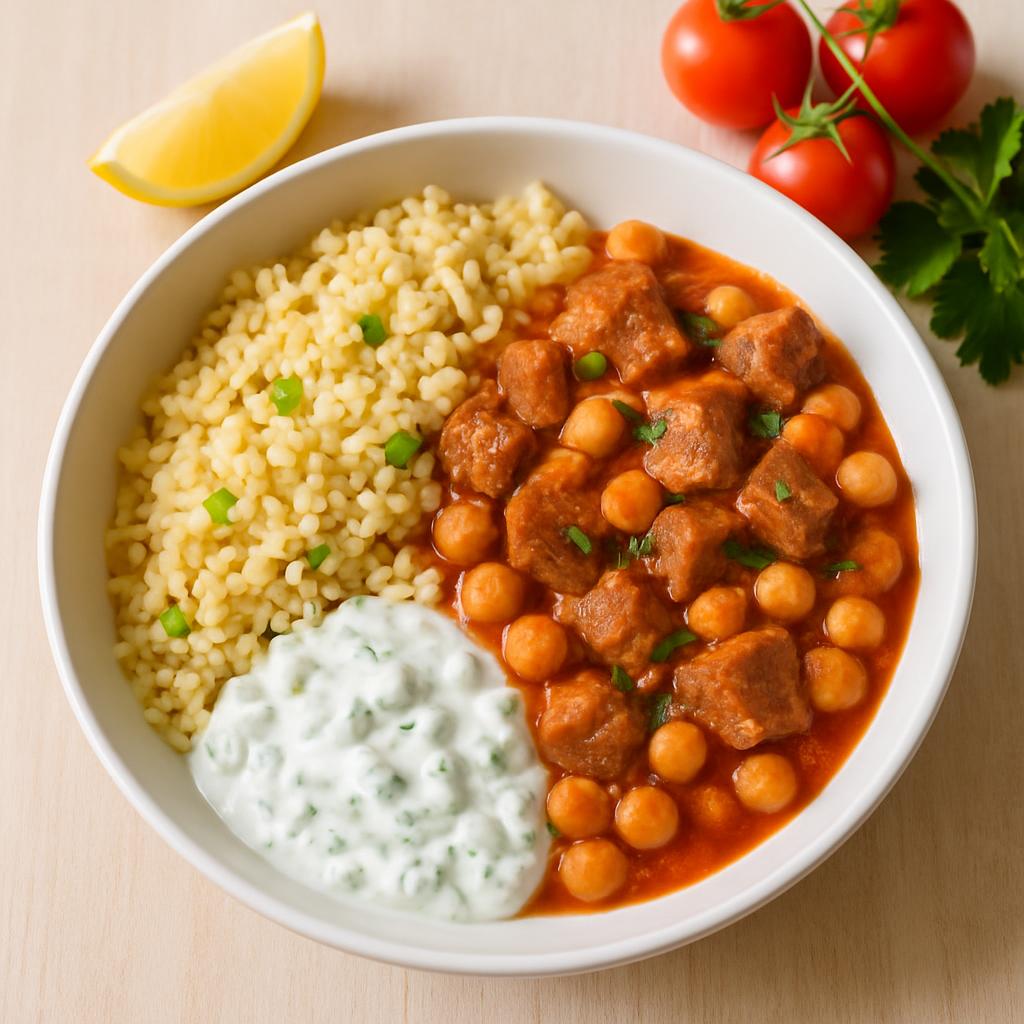 Etli nohut yahni (yağsız dana) + bulgur + cacık