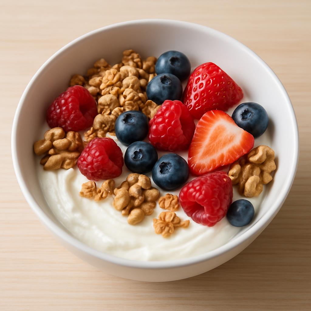 Süzme yoğurt + granola + kırmızı meyveler + ceviz