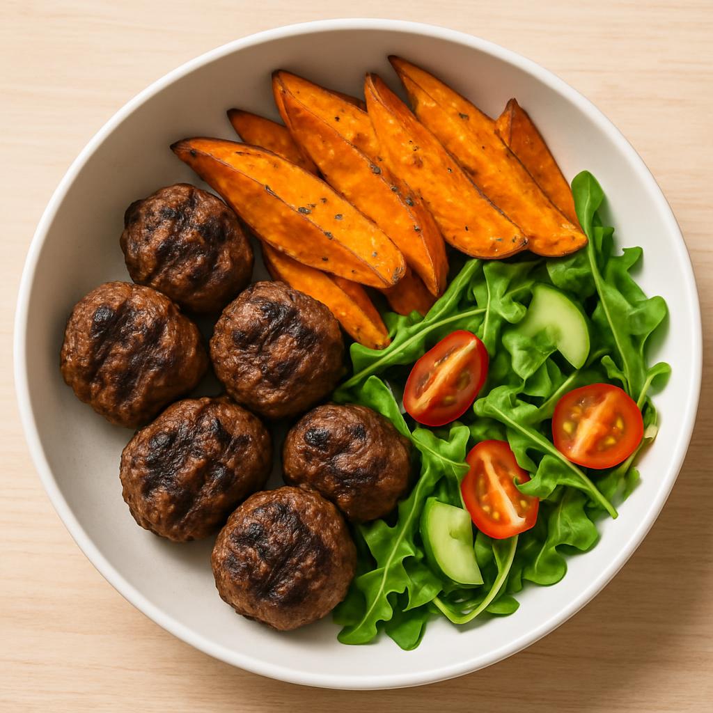 Izgara dana köfte + fırın tatlı patates + yeşil salata