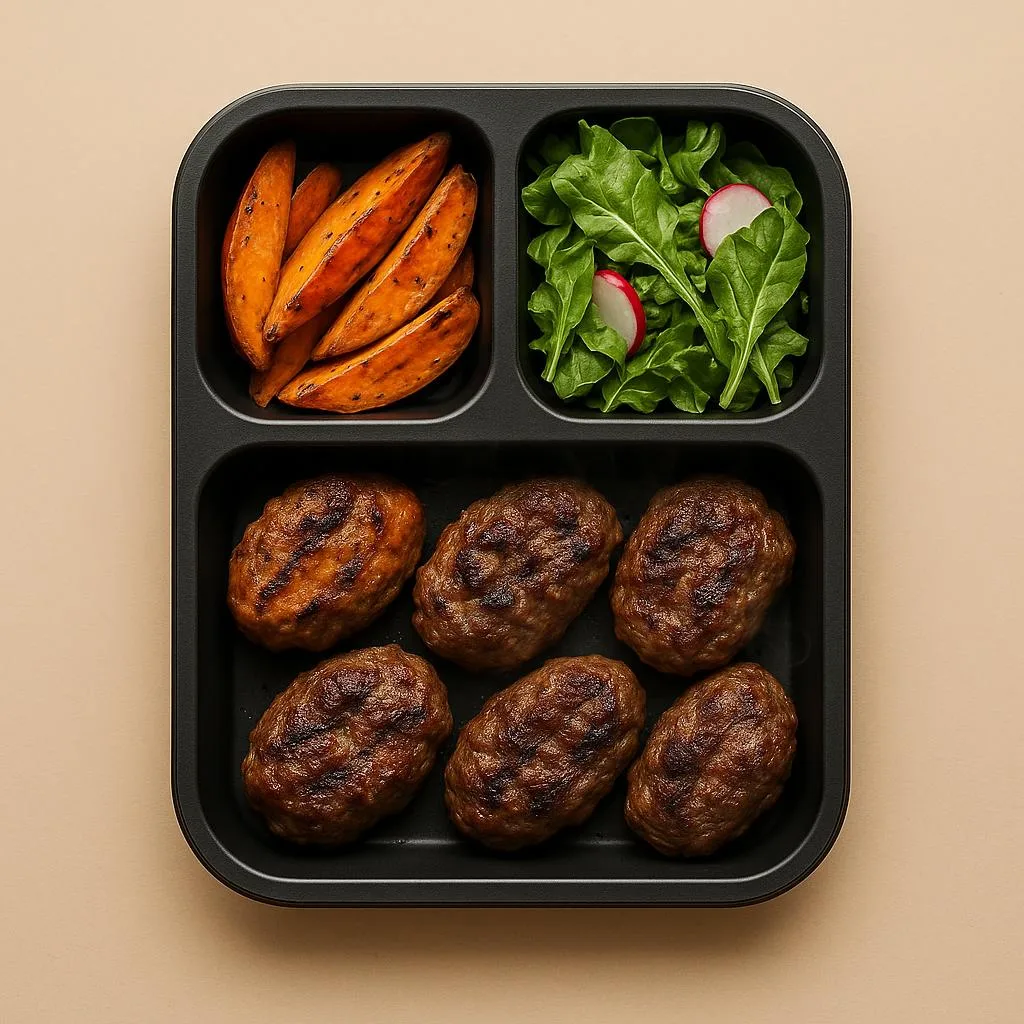 Izgara dana köfte + fırın tatlı patates + yeşil salata