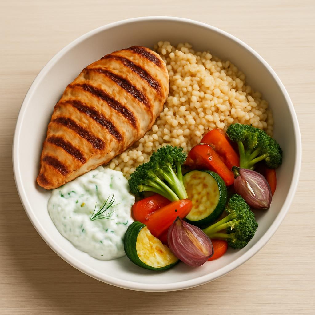 Izgara tavuk göğsü + bulgur pilavı + közlenmiş sebze + cacık