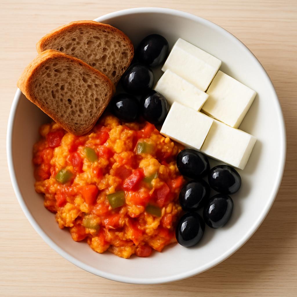 Serpme kahvaltı tabağı: menemen + beyaz peynir + zeytin + tam buğday ekmek