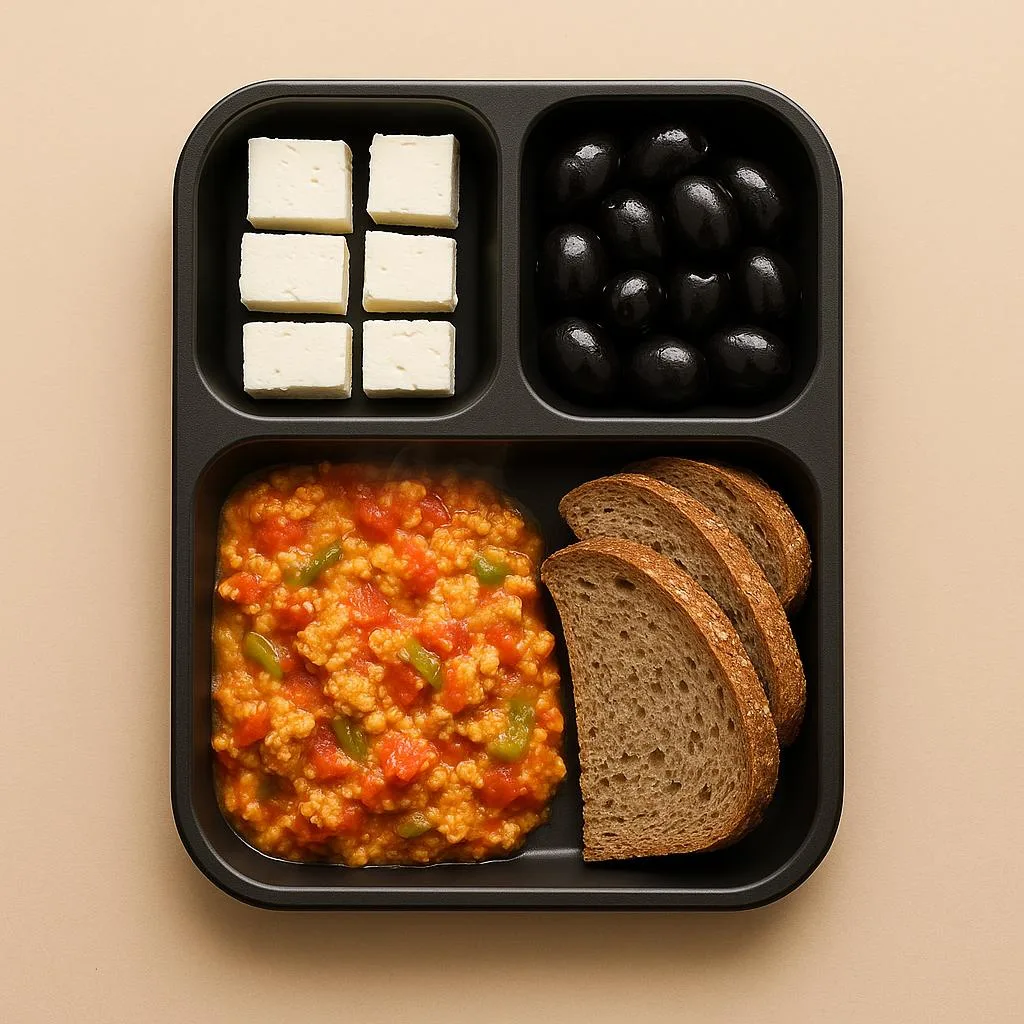Serpme kahvaltı tabağı: menemen + beyaz peynir + zeytin + tam buğday ekmek